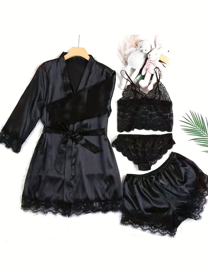 Aurora – Satin Lace Lounge Set with Kimono & Shorts