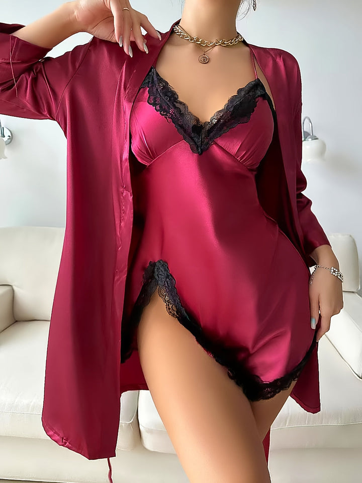 Elvira – Satin Robe & V-Neck Lace Slip Set
