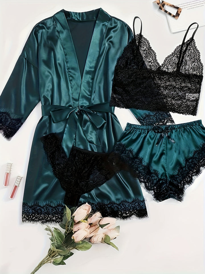 Aurora – Satin Lace Lounge Set with Kimono & Shorts