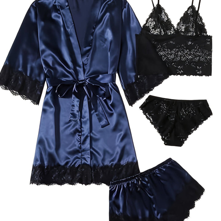 Aurora – Satin Lace Lounge Set with Kimono & Shorts