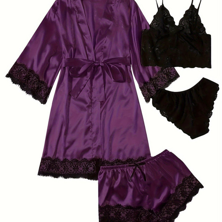 Aurora – Satin Lace Lounge Set with Kimono & Shorts