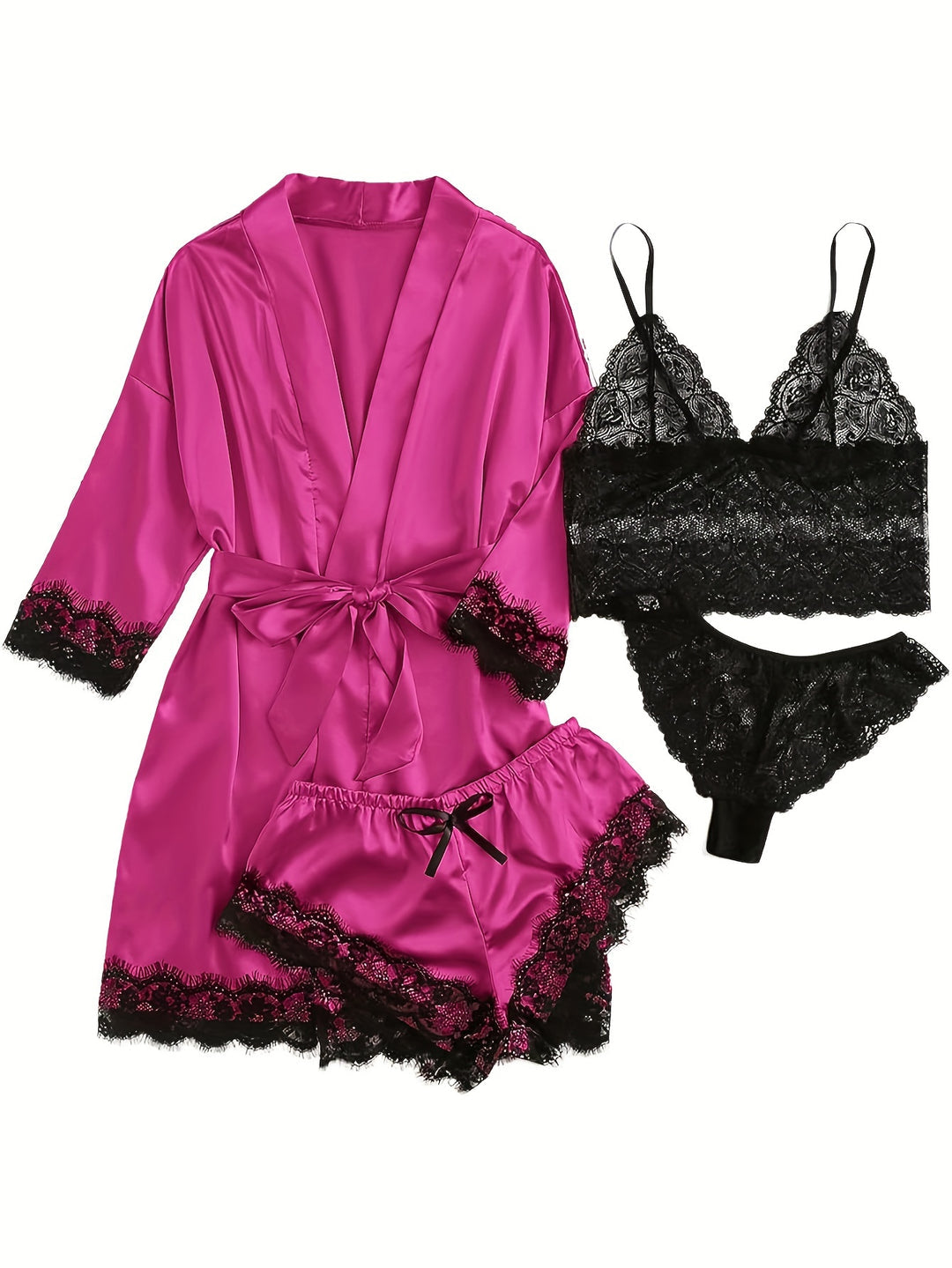 Aurora – Satin Lace Lounge Set with Kimono & Shorts