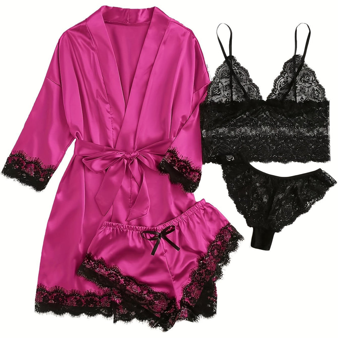 Aurora – Satin Lace Lounge Set with Kimono & Shorts