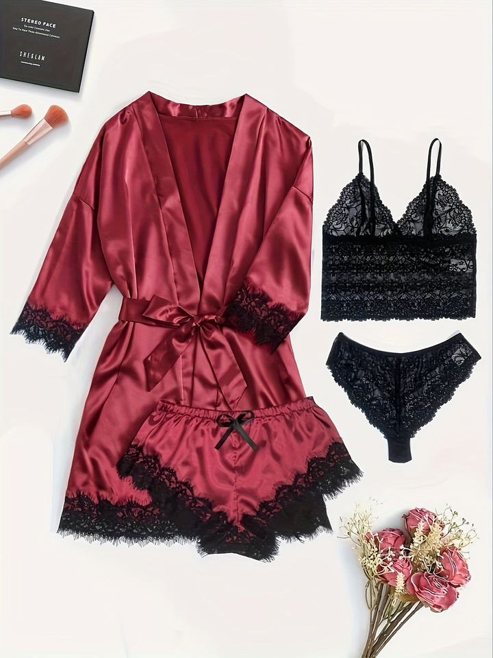 Aurora – Satin Lace Lounge Set with Kimono & Shorts